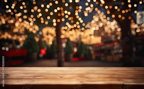 Festive glow. Bokeh lights illuminate christmas celebration. Night of lights. Blurred creates holiday ambiance. City sparkle. Festive light adorn empty wooden table