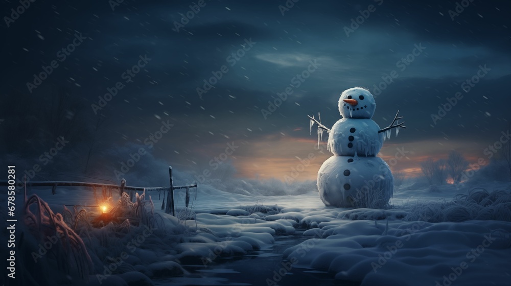 An image of a snowman standing in the middle of a snowy landscape. - obrazy, fototapety, plakaty 