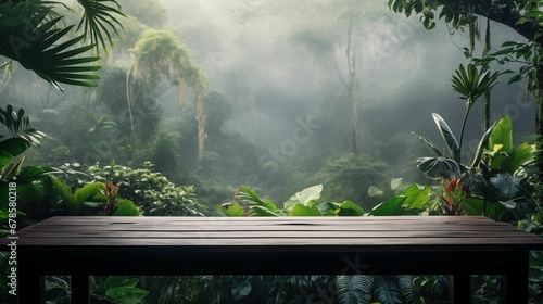 An image of a foggy morning in the jungle with a wooden table.