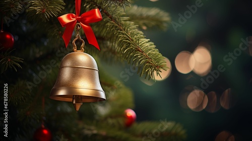 An image of a golden bell decorated with a red bow.