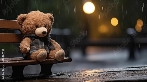 An image of a lonely teddy bear sitting on a park bench.