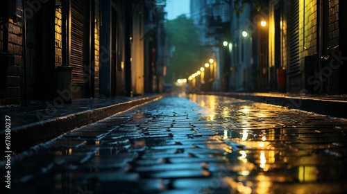 An image of a midnight alley  wet with rain and foggy.