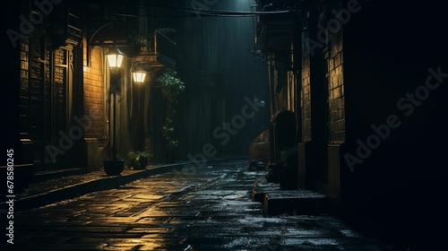 An image of a midnight alley, wet with rain and foggy.