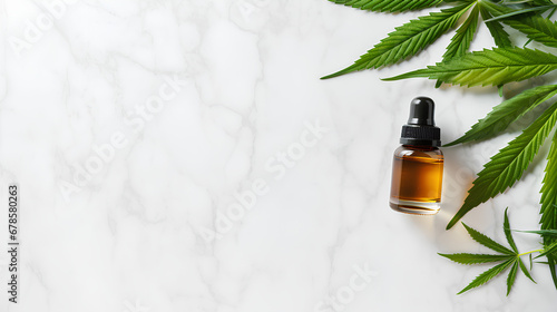 CBD oil with hemp plant leaves, copy space background with space for text