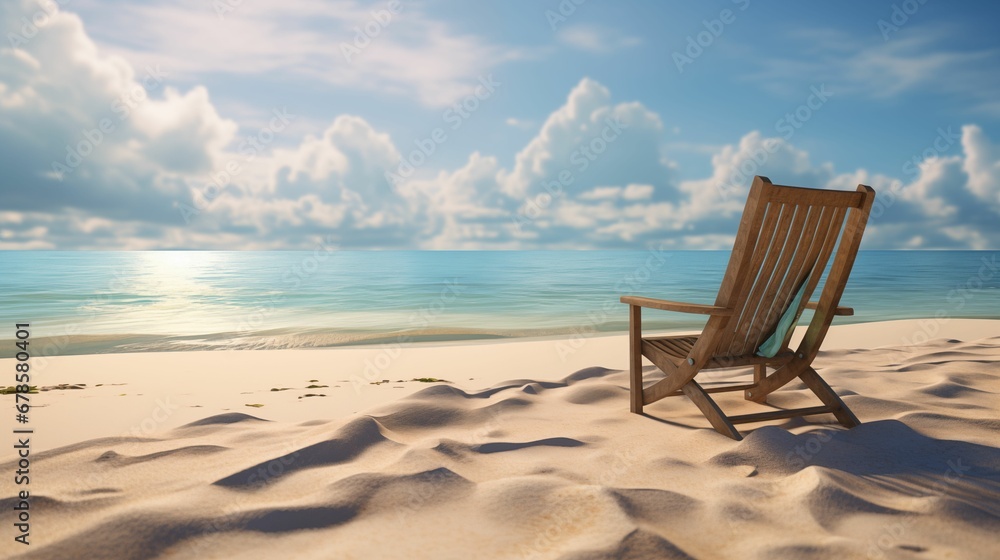 An image of an empty sun lounger on the sandy shore of a tropical beach. An image of an empty sun lounger on the sandy shore of a tropical beach.