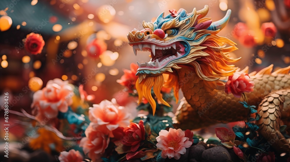 An image of Chinese New Year with a colorful dragon in the spotlight. An image of Chinese New Year with a colorful dragon in the spotlight.