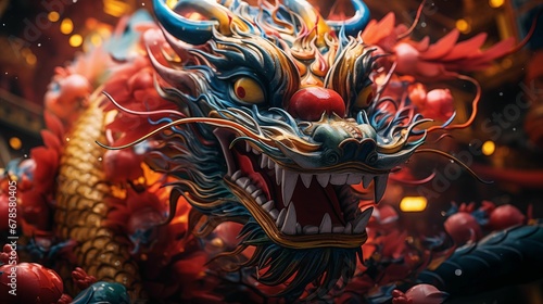 An image of Chinese New Year with a colorful dragon in the spotlight.