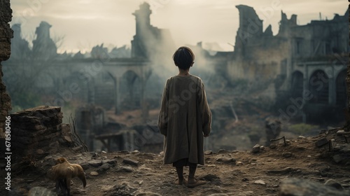 An image of an orphan child stands in front of the ruins.