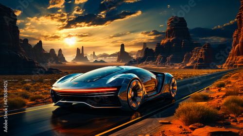 Futuristic car driving on road in the desert at sunset.