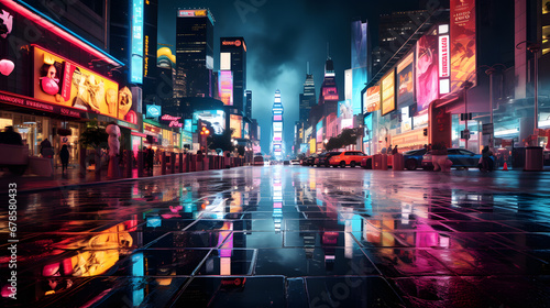 An electrifying shot of a cityscape at night, with neon signs and illuminated buildings creating a striking urban color palette. photo