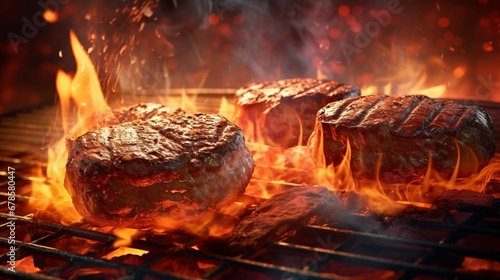 An image of juicy beef grilled surrounded by flames.