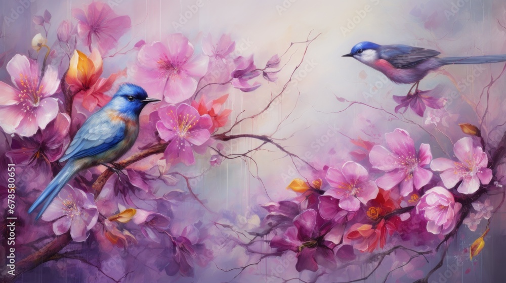 Fine Art Floral Wall Art Poster with Flowers and Blue Birds in the Abstract Oil Acrylic Painting Style
