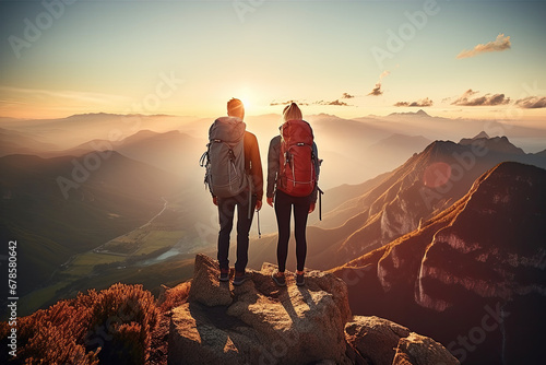 Couple of man and woman hikers on top of a mountain at sunset or sunrise, together enjoying their climbing success and the breathtaking view, looking towards the horizon. Generative AI © Nhan