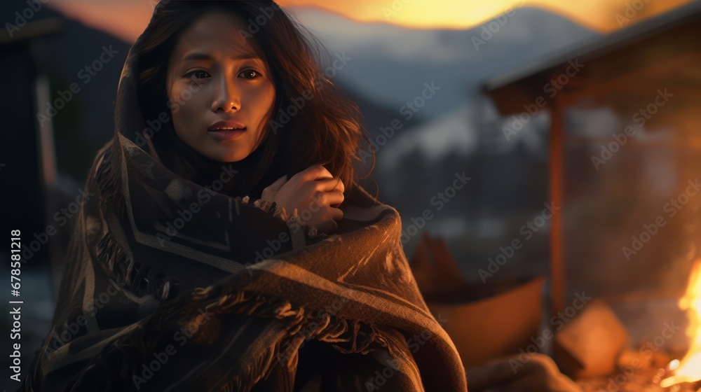 A Close-up of a rural Asian woman wearing a blanket over gloves feeling cold, sitting by a fire near her house, a background of pine trees and mountains at sunset. A Close-up of a rural Asian woman wearing a blanket over gloves feeling cold, sitting by a fire near her house, a background of pine trees and mountains at sunset.