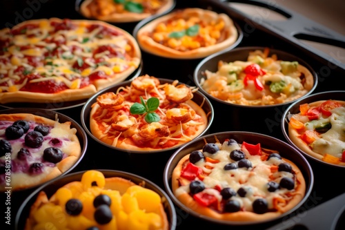 Pan mini pizzas fresh food. Meat fast food snack meal. Generate Ai