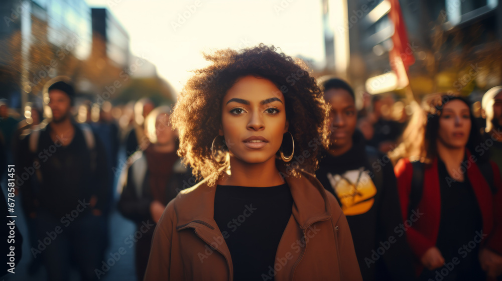 Portrait of a black woman marching in protest with a group of people in city street