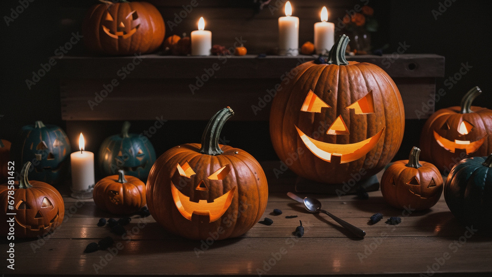 a close up of a table with pumpkins and candles a close up of a table with pumpkins and candles