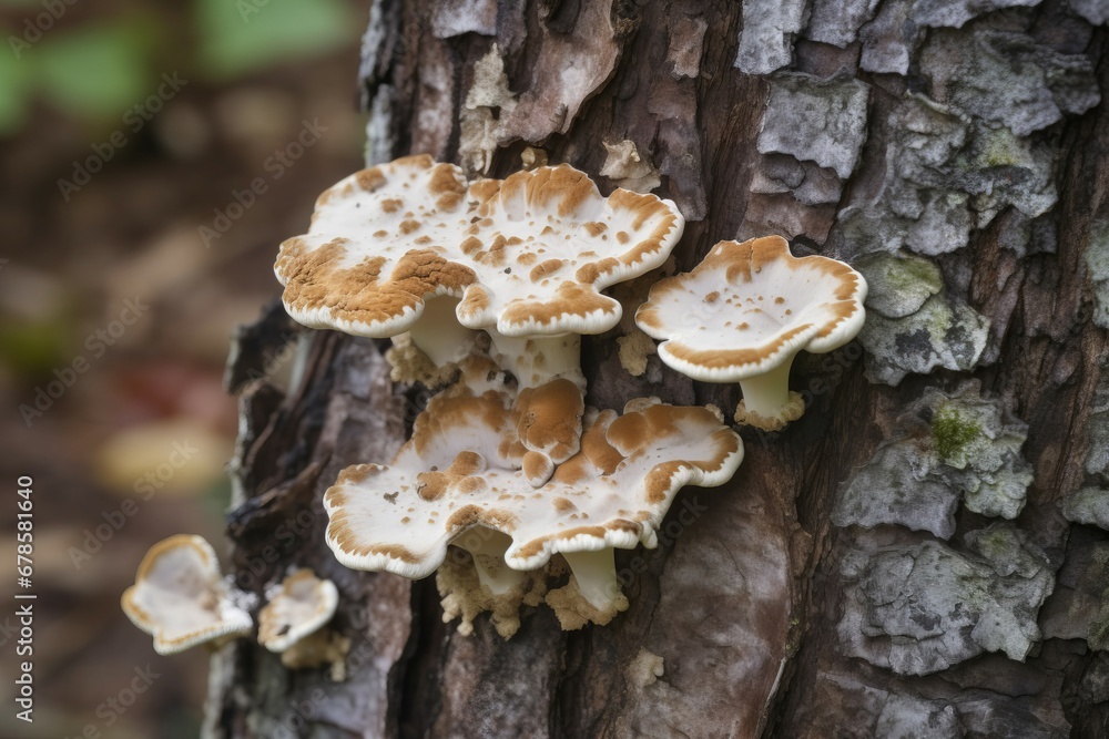 Polypore fungi tree. Nature outdoor fungus closeup trunk. Generate Ai Polypore fungi tree. Nature outdoor fungus closeup trunk. Generate Ai