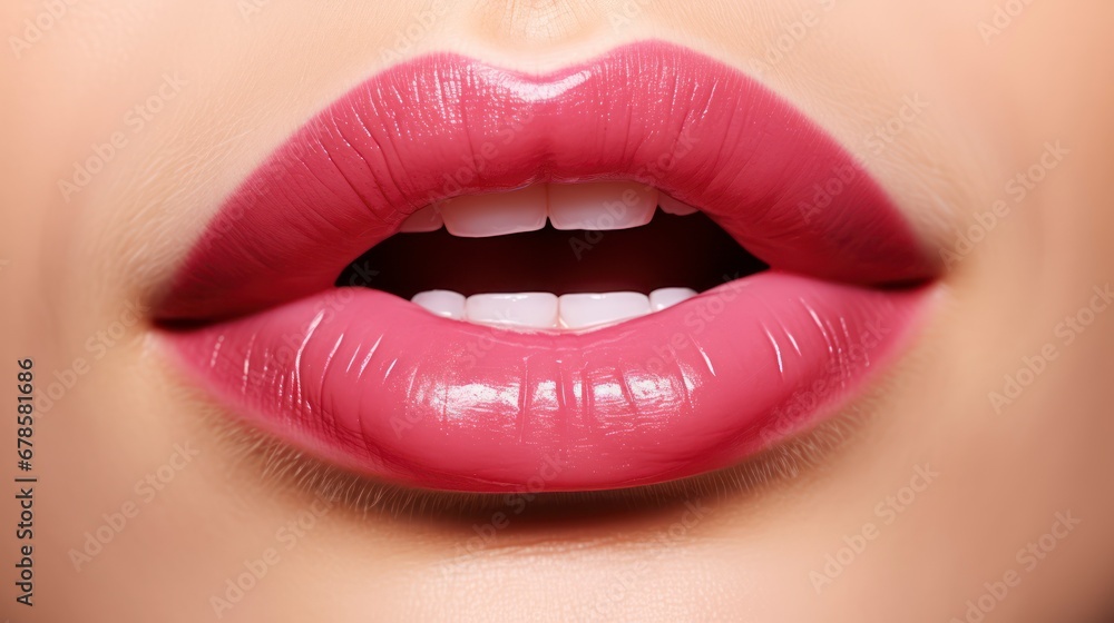 Fototapeta premium Bold and Beautiful - Detail of lips with lipstick on white background. Generative AI