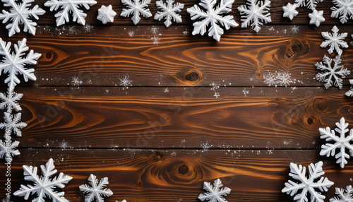 Winter Wonderland: Snowflakes and Ice Crystals on Wooden Texture