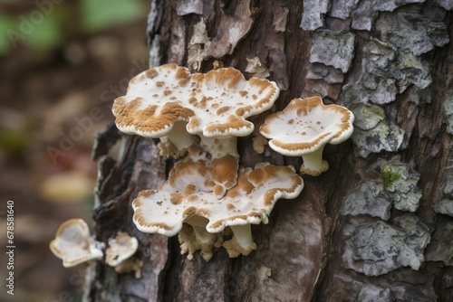 Polypore fungi tree. Nature outdoor fungus closeup trunk. Generate Ai