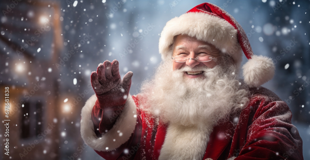 Santa Claus Spreading Holiday Cheer with a Friendly Wave Santa Claus Spreading Holiday Cheer with a Friendly Wave