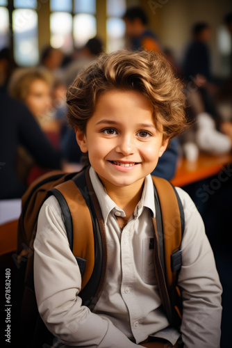 Young boy wearing brown vest and white shirt.