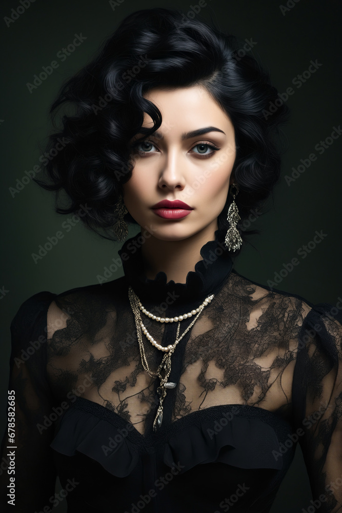 Woman with black dress and necklace on her neck.