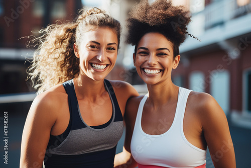 Fitness Joy: Female Friends Celebrating Healthy Living, Sporting Smiles in Activewear, Embracing the Vibrancy of an Active Lifestyle Together