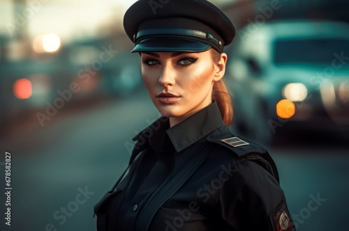 Sexy woman police uniform street portrait. Erotic girl face guard security. Generate Ai