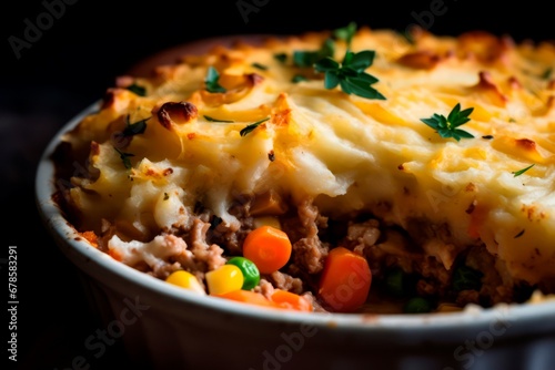 Stepherds pie closeup food meal. Chinnos crust dish carne cooked. Generate Ai photo