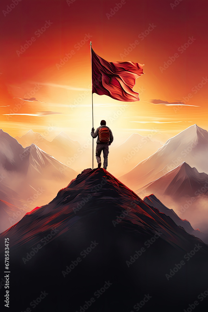 Hiker man heading to mountain top where there is a flag on top. Generative AI Hiker man heading to mountain top where there is a flag on top. Generative AI