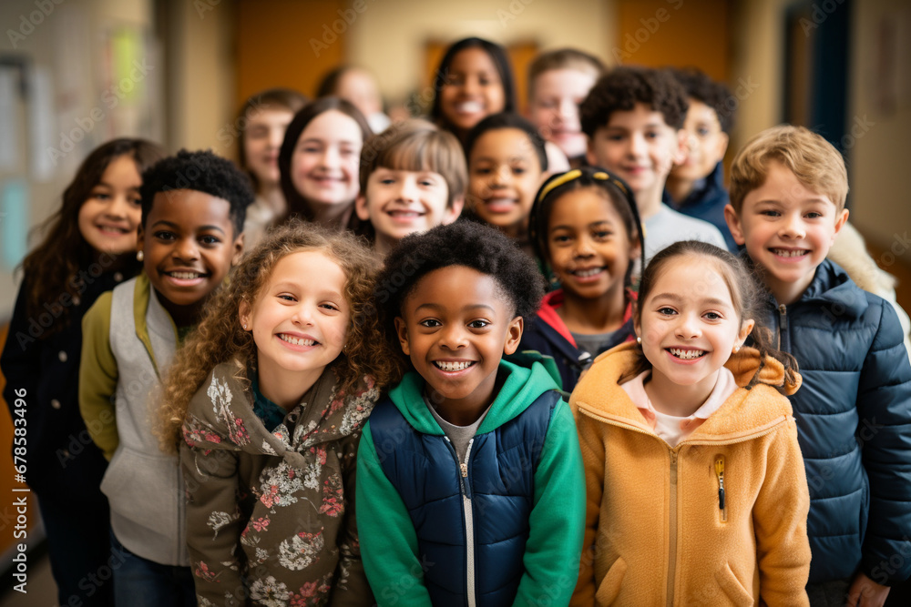 Obraz premium Classroom Harmony: Group of Elementary School Students Standing Together, Creating a Positive Atmosphere of Learning and Friendship