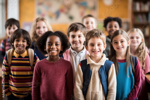 Classroom Harmony: Group of Elementary School Students Standing Together, Creating a Positive Atmosphere of Learning and Friendship