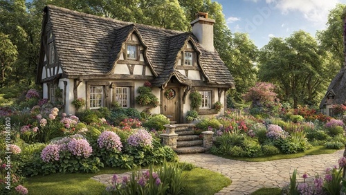 A cozy cottage with a thatched roof, flower-filled window boxes, and a welcoming front door.