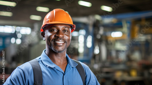 Portrait of a happy African American factory worker wearing hard standing in the background of a production line.
