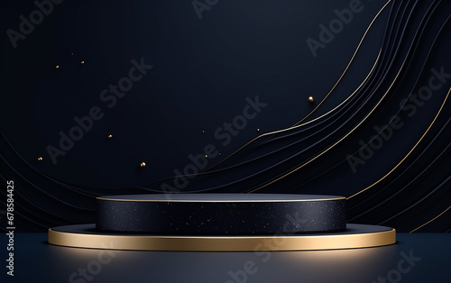 Abstract 3D black cylinder pedestal podium with golden glitter and wavy layers in circle window. Luxury dark minimal wall scene for product display presentation