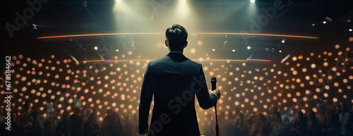 Asian Speaker stand on stage in halls. spot light on him ,thousand audience look at him cheerful moment.