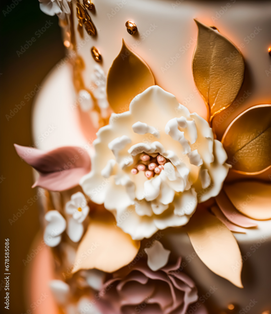 Close-up detail of a luxury wedding cake, exclusive high-end design, beautifully decorated professional premium cake as main dessert for exquisite wedding celebration