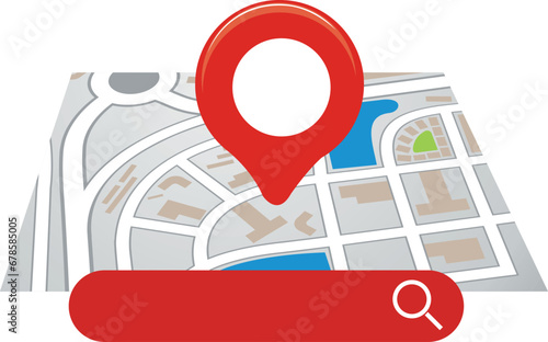 Location Folded Paper Map, Search Bar and Pin Isolated. Blue GPS Pointer Marker Icon. GPS and Navigation Symbol. Element for Map, Social Media, Mobile Apps. Realistic Vector Illustration