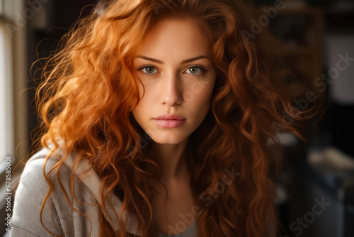 Woman with red hair and blue eyes looking at the camera.