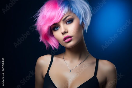 Woman with pink and blue hair wearing black bra.