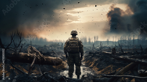 An army soldier stands and looks at the battlefield