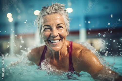 Active old womans enjoying aqua fit class in a pool