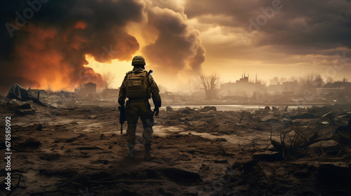 An army soldier stands and looks at the battlefield
