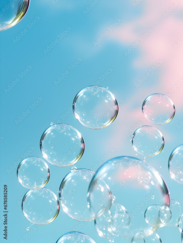 Transparent abstract soap bubbles on blue sky background 