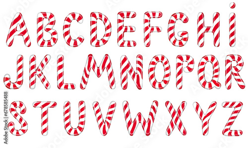 English alphabet made of candy canes on white background