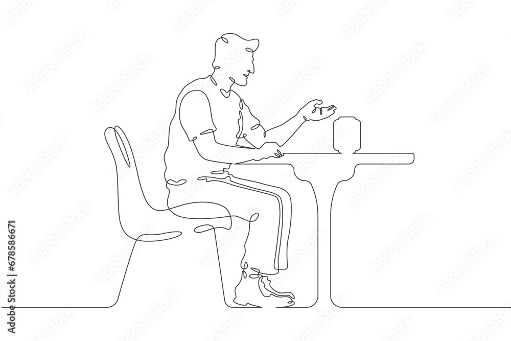 A man is sitting at a table. A man talks to a smart speaker. Home automation. The user listens to a smart speaker. One continuous line drawing. Linear. Hand drawn, white background. One line.