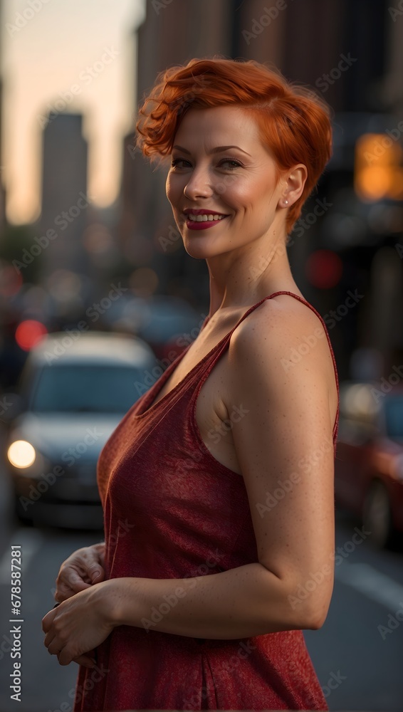 portrait of a smiling red-haired woman standing on the street portrait of a smiling red-haired woman standing on the street