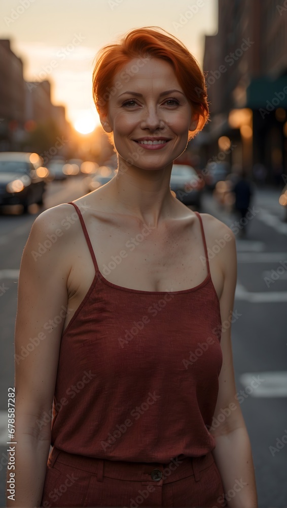 portrait of a smiling red-haired woman standing on the street